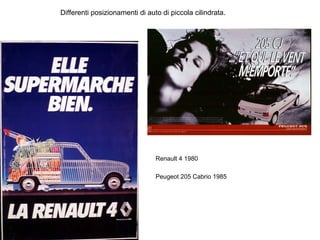 Differenti posizionamenti di auto di piccola cilindrata.

Renault 4 1980
Peugeot 205 Cabrio 1985

 