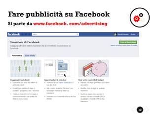 Fare pubblicità su Facebook
Si parte da www.facebook. com/advertising




                                            12
 