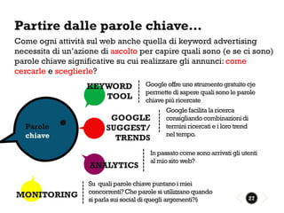 Partire dalle parole chiave…
Come ogni attività sul web anche quella di keyword advertising
necessita di un’azione di ascolto per capire quali sono (e se ci sono)
parole chiave significative su cui realizzare gli annunci: come
cercarle e sceglierle?
                   KEYWORD      Google offre uno strumento gratuito cje
                                permette di sapere quali sono le parole
                      TOOL      chiave più ricercate
                                       Google facilita la ricerca
                          GOOGLE       consigliando combinazioni di
  Parole                 SUGGEST/      termini ricercati e i loro trend
  chiave                               nel tempo.
                            TRENDS
                                        In passato come sono arrivati gli utenti
                                        al mio sito web?
                    ANALYTICS

                   Su quali parole chiave puntano i miei
                   concorrenti? Che parole si utilizzano quando
MONITORING                                                                  27
                   si parla sui social di quegli argomenti?§
 
