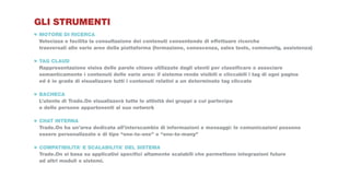 GLI STRUMENTI
MOTORE DI RICERCA
Velocizza e facilita la consultazione dei contenuti consentendo di effettuare ricerche
trasversali alle varie aree della piattaforma (formazione, conoscenza, sales tools, community, assistenza)

TAG CLAUD
Rappresentazione visiva delle parole chiave utilizzate dagli utenti per classificare e associare
semanticamente i contenuti delle varie aree: il sistema rende visibili e cliccabili i tag di ogni pagina
ed è in grado di visualizzare tutti i contenuti relativi a un determinato tag cliccato

BACHECA
L’utente di Trade.On visualizzerà tutte le attività dei gruppi a cui partecipa
e delle persone appartenenti al suo network

CHAT INTERNA
Trade.On ha un’area dedicata all’interscambio di informazioni e messaggi: le comunicazioni possono
essere personalizzate e di tipo “one-to-one” o “one-to-many”

COMPATIBILITA’ E SCALABILITA’ DEL SISTEMA
Trade.On si basa su applicativi specifici altamente scalabili che permettono integrazioni future
ad altri moduli o sistemi.
 