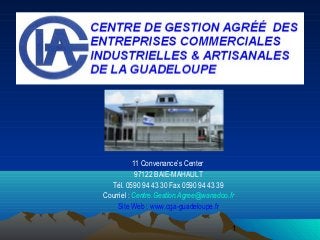 1
11 Convenance’s Center
97122 BAIE-MAHAULT
Tél. 0590 94 43 30 Fax 0590 94 43 39
Courriel : Centre.Gestion.Agree@wanadoo.fr
Site Web : www.cga-guadeloupe.fr
 