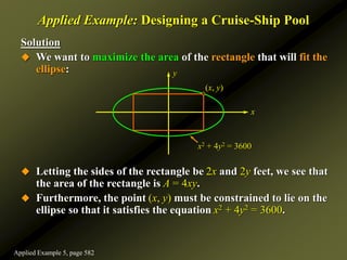 Applied Example: Designing a Cruise-Ship Pool
Solution
 We want to maximize the area of the rectangle that will fit the
ellipse:
 Letting the sides of the rectangle be 2x and 2y feet, we see that
the area of the rectangle is A = 4xy.
 Furthermore, the point (x, y) must be constrained to lie on the
ellipse so that it satisfies the equation x2 + 4y2 = 3600.
x
y
(x, y)
x2 + 4y2 = 3600
Applied Example 5, page 582
 