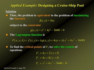 Applied Example: Designing a Cruise-Ship Pool
Solution
 Thus, the problem is equivalent to the problem of maximizing
the function
subject to the constraint
g(x, y) = x2 + 4y2 – 3600 = 0
 The Lagrangian function is
 To find the critical points of F, we solve the system of
equations
2 2
( , , ) ( , ) ( , ) 4 ( 4 3600)
F x y f x y g x y xy x y
  
     
2 2
4 2 0
4 8 0
4 3600 0
x
y
F y x
F x y
F x y



  
  
   
f(x, y) = 4xy
Applied Example 5, page 582
 