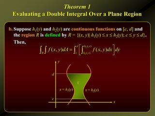 Theorem 1
Evaluating a Double Integral Over a Plane Region
b. Suppose h1(y) and h2(y) are continuous functions on [c, d] and
the region R is defined by R = {(x, y)| h1(y)  x  h2(y); c  y  d}.
Then,
2
1
( )
( )
( , ) ( , )
d h y
R c h y
f x y dA f x y dx dy
 

 
 
   
x
y
c
d
x = h1(y) x = h2(y)
R
 