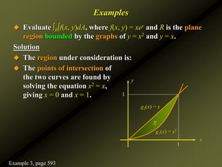 1
1
Examples
 Evaluate ∫R∫f(x, y)dA, where f(x, y) = xey and R is the plane
region bounded by the graphs of y = x2 and y = x.
Solution
 The region under consideration is:
x
g1(x) = x2
R
y
g2(x) = x
 The points of intersection of
the two curves are found by
solving the equation x2 = x,
giving x = 0 and x = 1.
Example 3, page 593
 