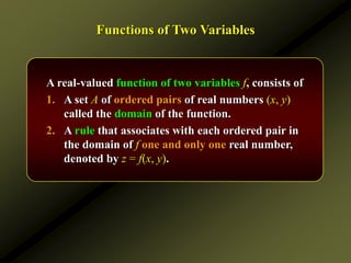 Functions of Two Variables
A real-valued function of two variables f, consists of
1. A set A of ordered pairs of real numbers (x, y)
called the domain of the function.
2. A rule that associates with each ordered pair in
the domain of f one and only one real number,
denoted by z = f(x, y).
 
