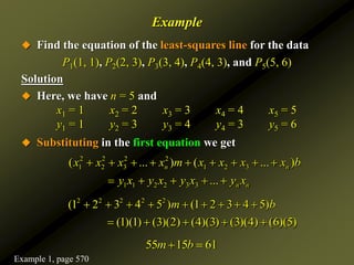 Example
 Find the equation of the least-squares line for the data
P1(1, 1), P2(2, 3), P3(3, 4), P4(4, 3), and P5(5, 6)
Solution
 Here, we have n = 5 and
x1 = 1 x2 = 2 x3 = 3 x4 = 4 x5 = 5
y1 = 1 y2 = 3 y3 = 4 y4 = 3 y5 = 6
 Substituting in the first equation we get
2 2 2 2
1 2 3 1 2 3
1 1 2 2 3 3
( ... ) ( ... )
...
n n
n n
x x x x m x x x x b
y x y x y x y x
        
    
2 2 2 2 2
(1 2 3 4 5 ) (1 2 3 4 5)
(1)(1) (3)(2) (4)(3) (3)(4) (6)(5)
m b
        
    
55 15 61
m b
 
Example 1, page 570
 
