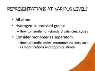 Representations at various levels
• All-atom
• Hydrogen-suppressed graphs
– How to handle non-standard valencies, cycles
• Consider monomer as superatom
– How to handle cycles, monomer variants such
as modifications and opposite stereo
 
