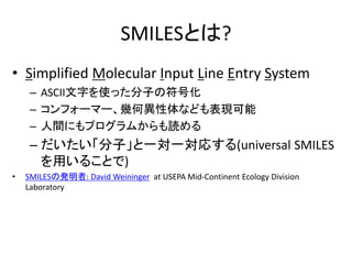 SMILESとは?
• Simplified Molecular Input Line Entry System
– ASCII文字を使った分子の符号化
– コンフォーマー、幾何異性体なども表現可能
– 人間にもプログラムからも読める
– だいたい「分子」と一対一対応する(universal SMILES
を用いることで)
• SMILESの発明者: David Weininger at USEPA Mid-Continent Ecology Division
Laboratory
 