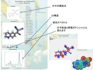 3D構造
吸収スペクトル
分子軌道と静電ポテンシャルも
見れます
分子の構造式
 