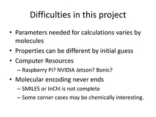 Outlook, prospect, hope… 
• Far better in silico screening 
– Less or no experiment is necessary 
• Even more faster calculation using machine learning 
– 10,000 molecules / second ? 
– Using our data as learning set. 
– Not difficult for bio or organic molecules 
– Far better initial guess 
• Database for chemical reaction 
– Precise calculation is required 
– GRRM method + machine learning (?) 
• Geometry optimization for Protein (PDB) 
– Only X ray crystal structures are available 
http://pubchemqc.riken.jp/ 
 