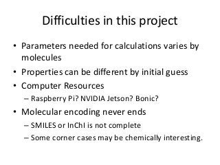 Difficulties in this project 
• Parameters needed for calculations varies by 
molecules 
• Properties can be different by initial guess 
• Computer Resources 
– Raspberry Pi? NVIDIA Jetson? Bonic? 
• Molecular encoding never ends 
– SMILES or InChI is not complete 
– Some corner cases may be chemically interesting. 
