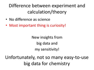 Difference between experiment and 
calculation/theory 
• No difference as science 
• Most important thing is curiosity! 
New insights from 
big data and 
my sensitivity! 
Unfortunately, not so many easy-to-use 
big data for chemistry 
 