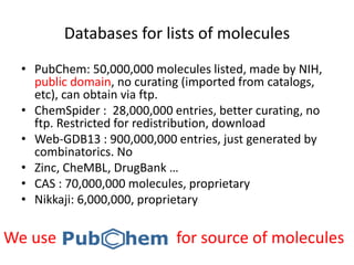 Databases for lists of molecules 
• PubChem: 50,000,000 molecules listed, made by NIH, 
public domain, no curating (imported from catalogs, 
etc), can obtain via ftp. 
• ChemSpider : 28,000,000 entries, better curating, no 
ftp. Restricted for redistribution, download 
• Web-GDB13 : 900,000,000 entries, just generated by 
combinatorics. No 
• Zinc, CheMBL, DrugBank … 
• CAS : 70,000,000 molecules, proprietary 
• Nikkaji: 6,000,000, proprietary 
We use for source of molecules 
 