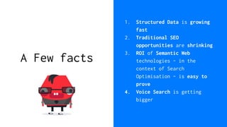 A Few facts
1. Structured Data is growing
fast
2. Traditional SEO
opportunities are shrinking
3. ROI of Semantic Web
technologies - in the
context of Search
Optimisation - is easy to
prove
4. Voice Search is getting
bigger
 