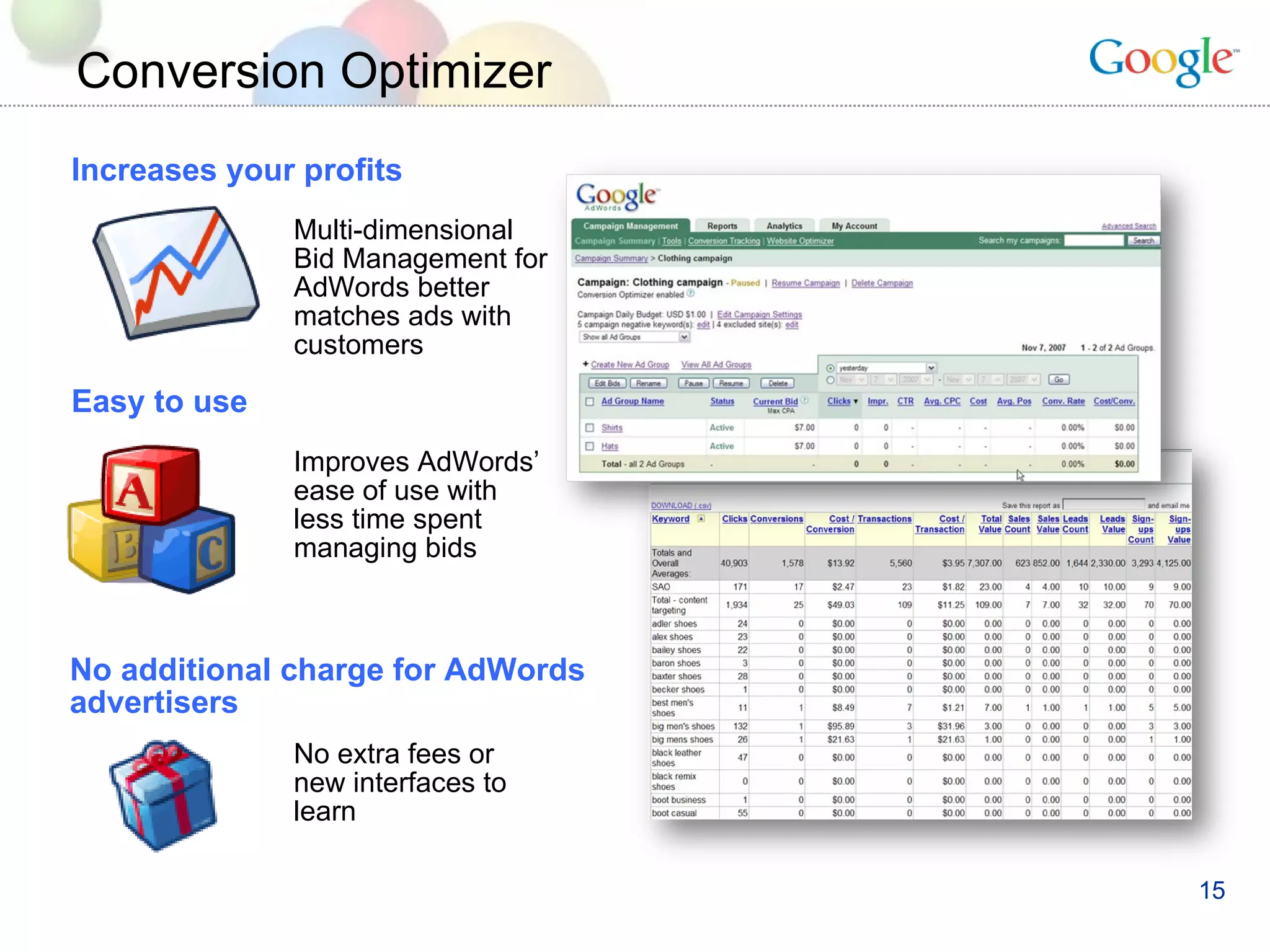 Increases your profits Conversion Optimizer Easy to use No additional charge for AdWords advertisers Multi-dimensional Bid Management for AdWords better matches ads with customers Improves AdWords’ ease of use with less time spent managing bids No extra fees or new interfaces to learn 