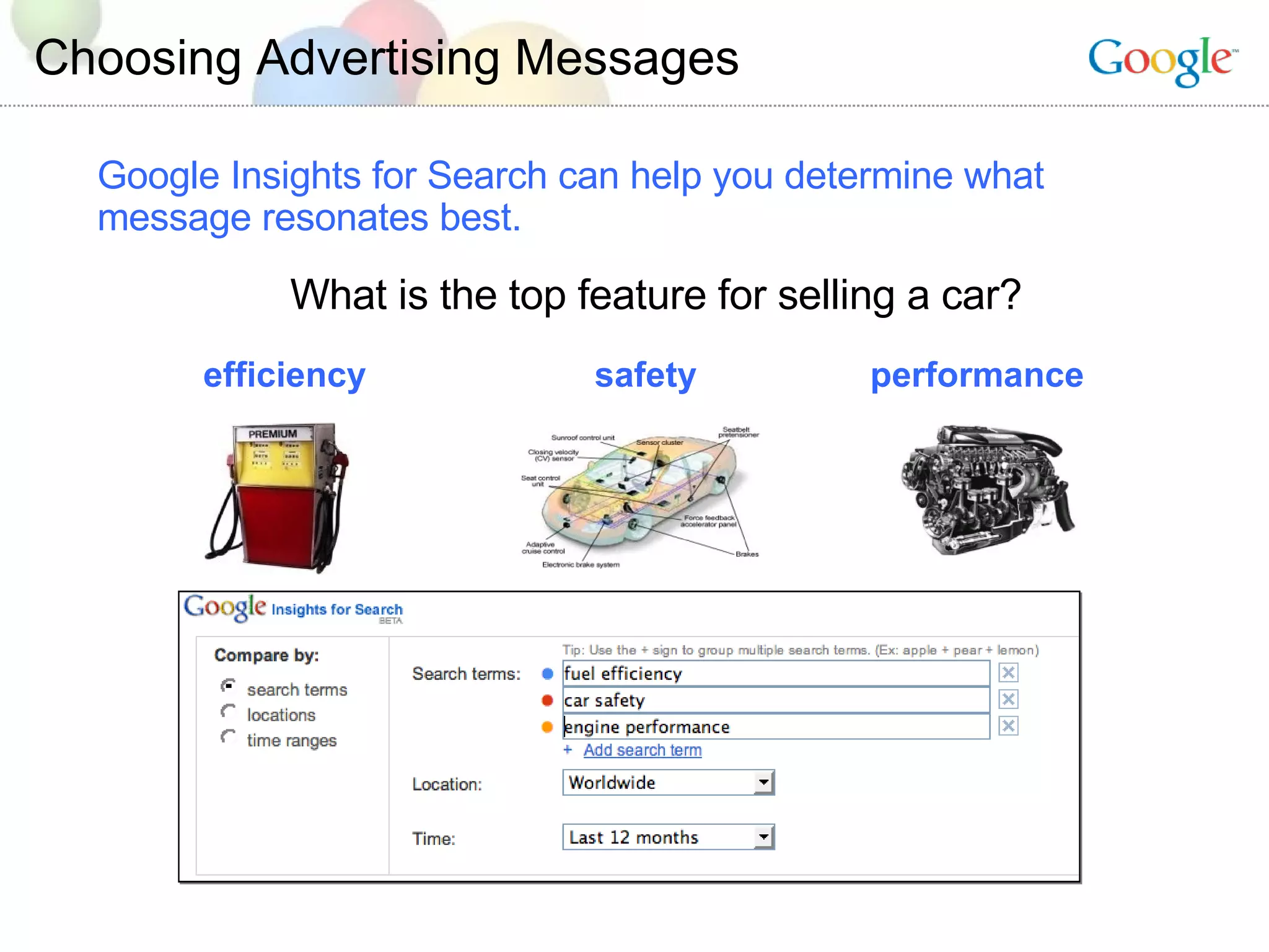 Choosing Advertising Messages What is the top feature for selling a car? efficiency performance safety Google Insights for Search can help you determine what message resonates best. 