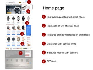 Home page
6
5
4
3
2
1
6
5
4
3
2
1 Improved navigation with extra filters
Promotion of few offers at once
Featured brands with focus on brand logo
Clearance with special icons
Features models with stickers
SEO text
 