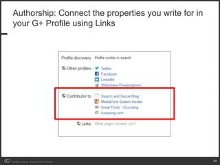 Authorship: Connect the properties you write for in
 your G+ Profile using Links




Copyright iCrossing - Proprietary and Confidential     20
 