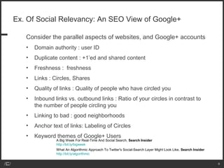 Ex. Of Social Relevancy: An SEO View of Google+

   Consider the parallel aspects of websites, and Google+ accounts
   •   Domain authority : user ID
   •   Duplicate content : +1’ed and shared content
   •   Freshness : freshness
   •   Links : Circles, Shares
   •   Quality of links : Quality of people who have circled you
   •   Inbound links vs. outbound links : Ratio of your circles in contrast to
       the number of people circling you
   •   Linking to bad : good neighborhoods
   •   Anchor text of links: Labeling of Circles
   •   Keyword themes of Google+ Users
                A Big Week For Real-Time And Social Search, Search Insider
                http://bit.ly/bigweek
                What An Algorithmic Approach To Twitter's Social-Search Layer Might Look Like, Search Insider
                http://bit.ly/algorithmic

                                                                                                                9
 