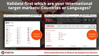 #InternationalContent at #Pubcon by @aleyda from @orainti
Validate ﬁrst which are your international
target markets: Count...