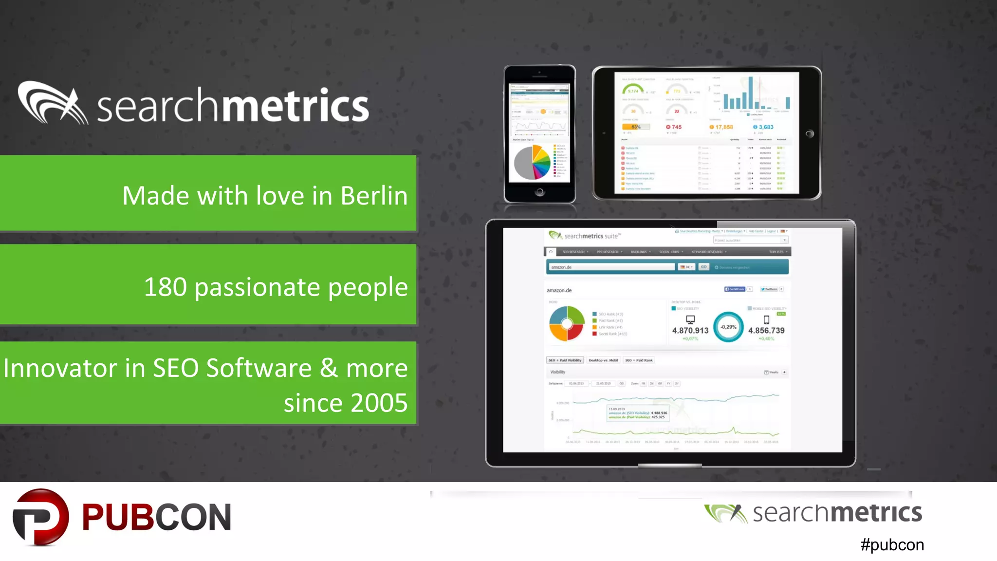 #pubcon
Made with love in BerlinMade with love in Berlin
180 passionate people180 passionate people
Innovator in SEO Software & more
since 2005
Innovator in SEO Software & more
since 2005
 