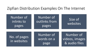 Zipfian'Distribution'Examples'On'The'Internet
Number'of'
inlinks'to'
pages
Number'of'
outlinks from''
pages
Size'of'
websites
No.'of'pages'
in'websites
Number'of'
words'on'a'
page
Number'of'
videos,'images'
&'audio'files
 