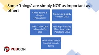 Some%‘things’%are%simply%NOT%as%important%as%
others Cities,'towns'&'
villages'
(Population)
Many'Low'quality'
content'URLs
Sites:'Think'CNN'
vs'Mom'&'Pop'
Blog
Few'High'vs'Many,'
Many'Low'or'No'
PageRank'URLs
Head'terms'versus'
long'tail'search'
terms
 