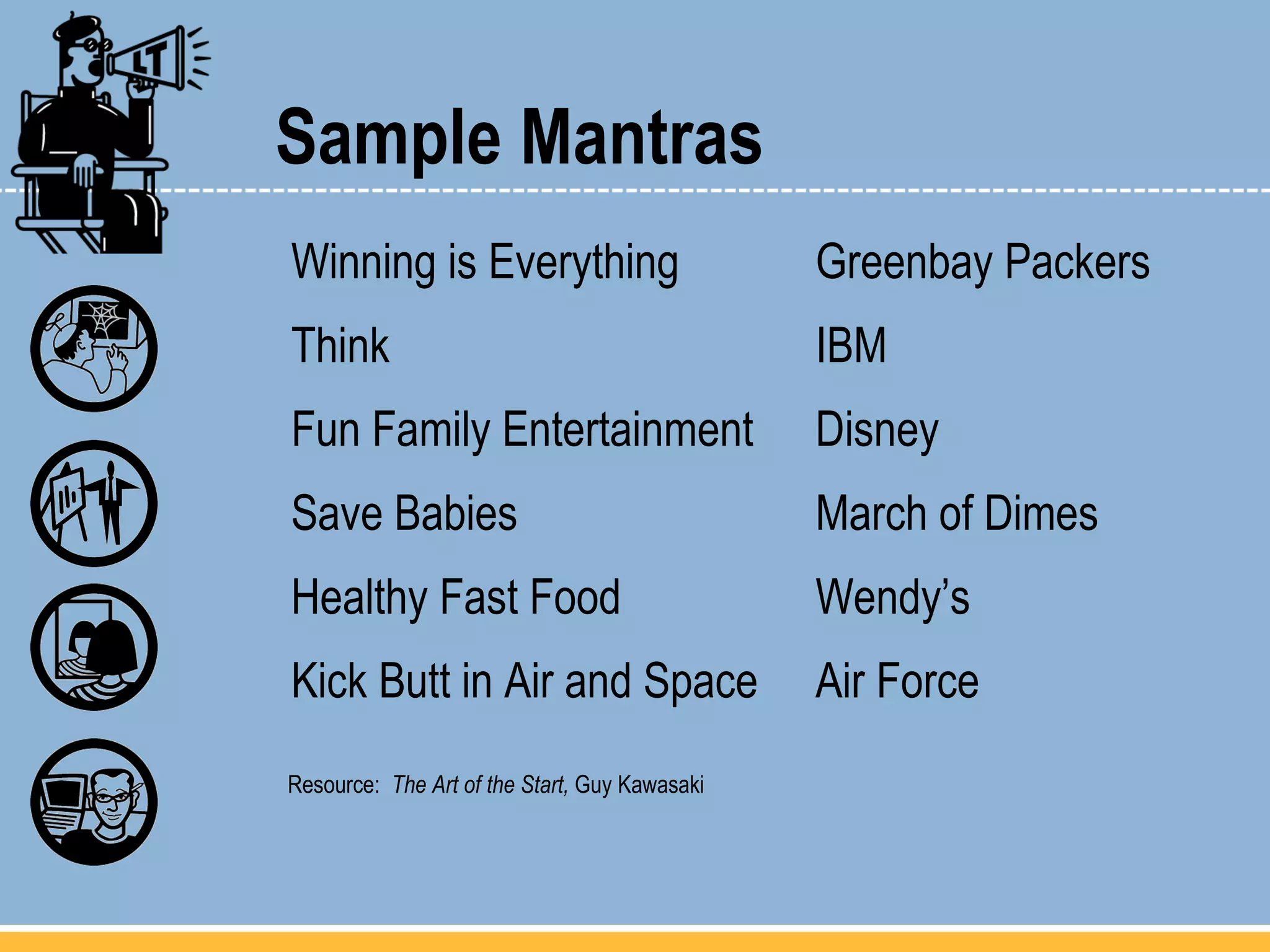 Sample Mantras Winning is Everything Greenbay Packers Think IBM Fun Family Entertainment Disney Save Babies March of Dimes Healthy Fast Food Wendy’s Kick Butt in Air and Space Air Force Resource:  The Art of the Start,  Guy Kawasaki 