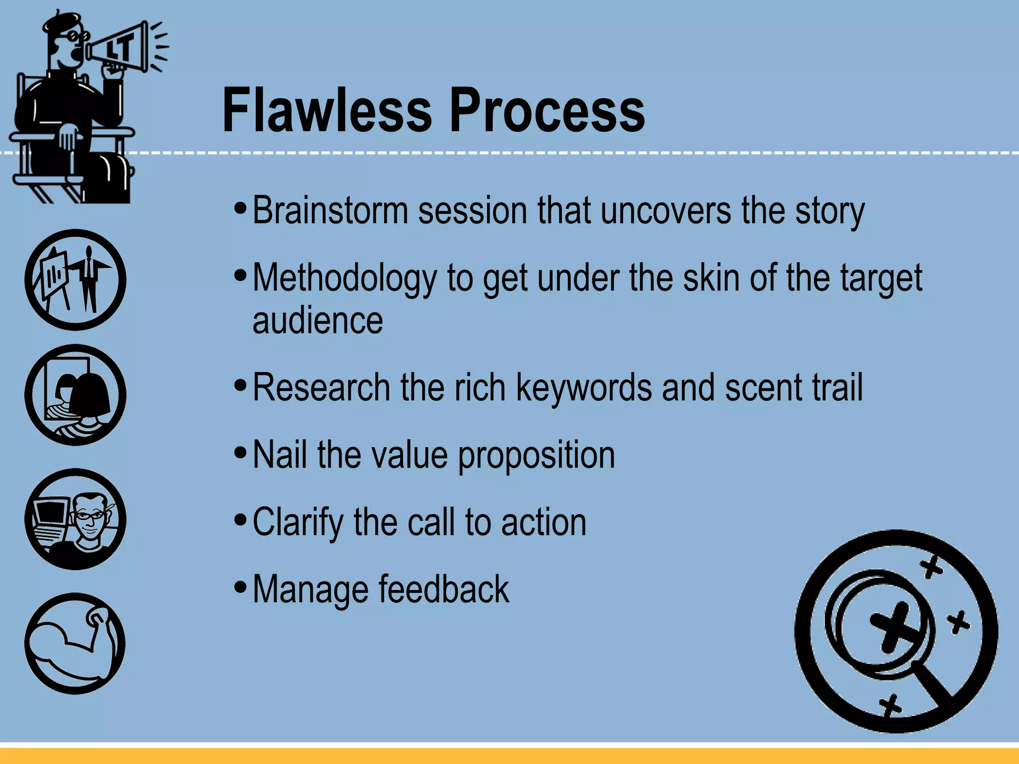 Flawless Process Brainstorm session that uncovers the story Methodology to get under the skin of the target audience Research the rich keywords and scent trail Nail the value proposition  Clarify the call to action Manage feedback  