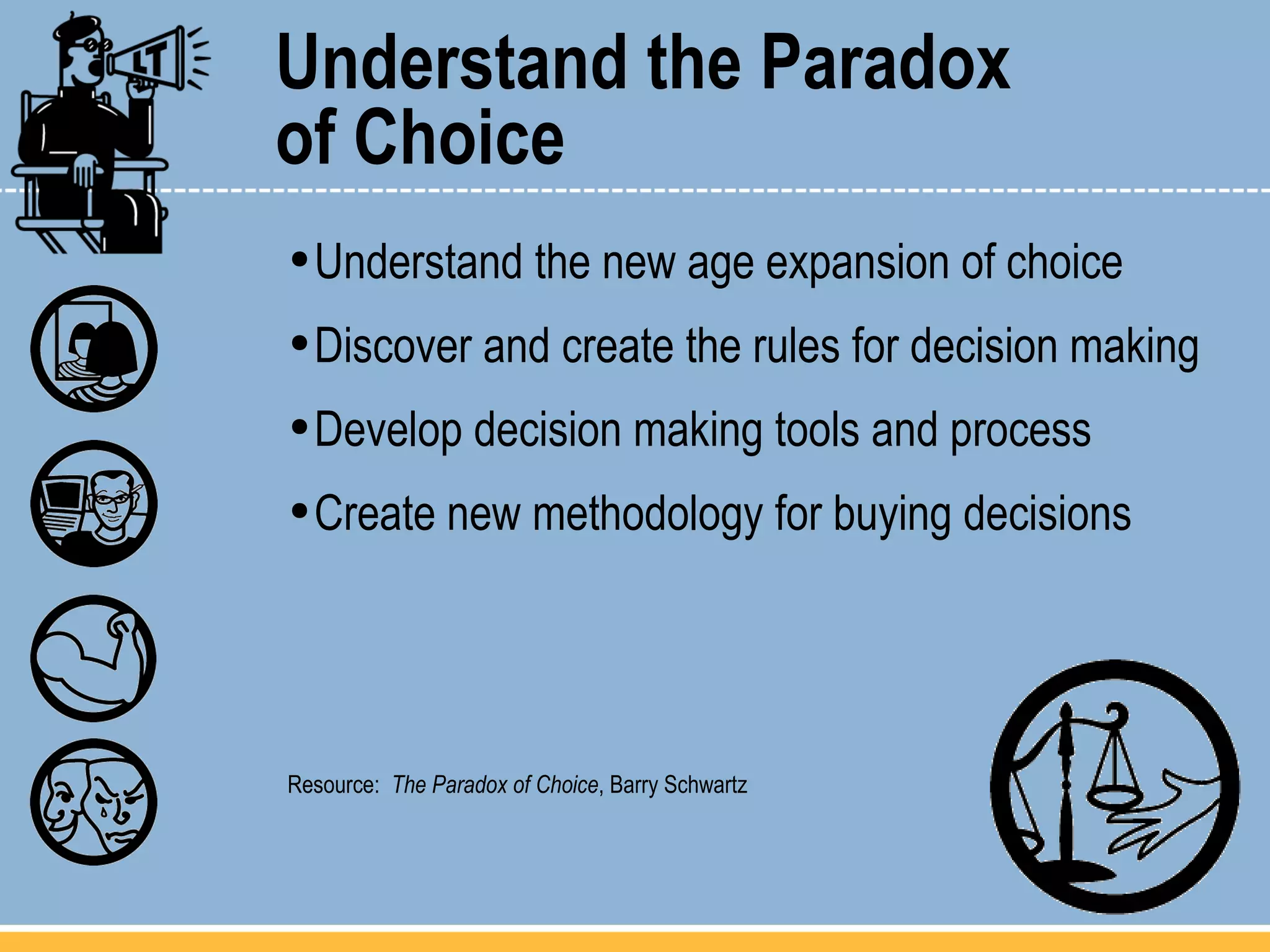 Understand the Paradox  of Choice Understand the new age expansion of choice Discover and create the rules for decision making Develop decision making tools and process Create new methodology for buying decisions Resource:  The Paradox of Choice , Barry Schwartz 