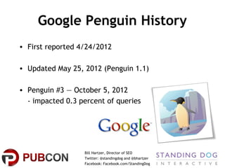 Google Penguin History
• First reported 4/24/2012

• Updated May 25, 2012 (Penguin 1.1)

• Penguin #3 — October 5, 2012
  ...
