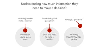 Understanding how much information they
need to make a decision?
Information
you’re giving
them
What they need to
make a decision
What they need
to make a
decision
Information you’re
giving them
What they
thought they’d be
getting
What you gave them
 