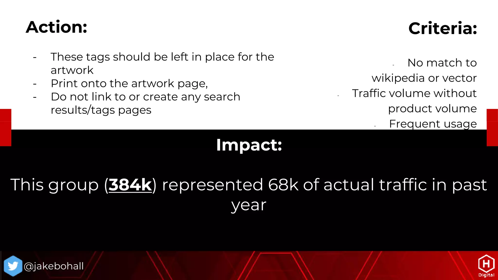 Impact:
This group (384k) represented 68k of actual traffic in past
year
@jakebohall
Criteria:
- No match to
wikipedia or vector
- Traffic volume without
product volume
- Frequent usage
Action:
- These tags should be left in place for the
artwork
- Print onto the artwork page,
- Do not link to or create any search
results/tags pages
 