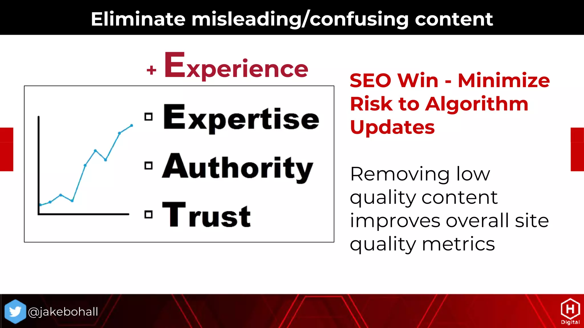 @jakebohall
Eliminate misleading/confusing content
SEO Win - Minimize
Risk to Algorithm
Updates
Removing low
quality content
improves overall site
quality metrics
+ Experience
 