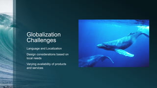 Globalization
Challenges
Language and Localization
Design considerations based on
local needs
Varying availability of products
and services
 