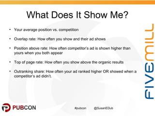 What Does It Show Me?
#pubcon @SusanEDub
• Your average position vs. competition
• Overlap rate: How often you show and th...
