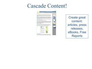 Cascade Content!
                    Create great
                       content:
                   articles, press
                      releases,
                   eBooks, Free
                       Reports
 