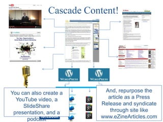 Cascade Content!




You can also create a      And, repurpose the
  YouTube video, a          article as a Press
     SlideShare           Release and syndicate
 presentation, and a         through site like
      podcast             www.eZineArticles.com
 