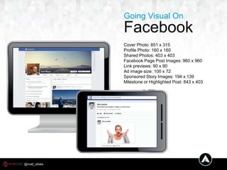 Going Visual On
Facebook
Cover Photo: 851 x 315
Profile Photo: 160 x 160
Shared Photos: 403 x 403
Facebook Page Post Images: 960 x 960
Link previews: 90 x 90
Ad image size: 100 x 72
Sponsored Story Images: 194 x 139
Milestone or Highlighted Post: 843 x 403
@matt_siltala
 