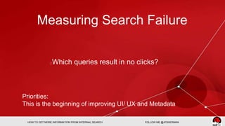 Measuring Search Failure 
Which queries result in no clicks? 
Priorities: 
This is the beginning of improving UI/ UX and M...