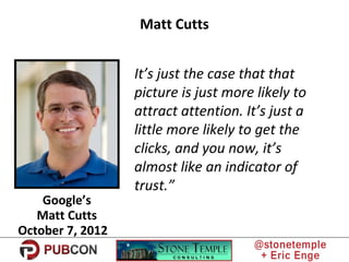 Matt Cutts
It’s just the case that that
picture is just more likely to
attract attention. It’s just a
little more likely t...