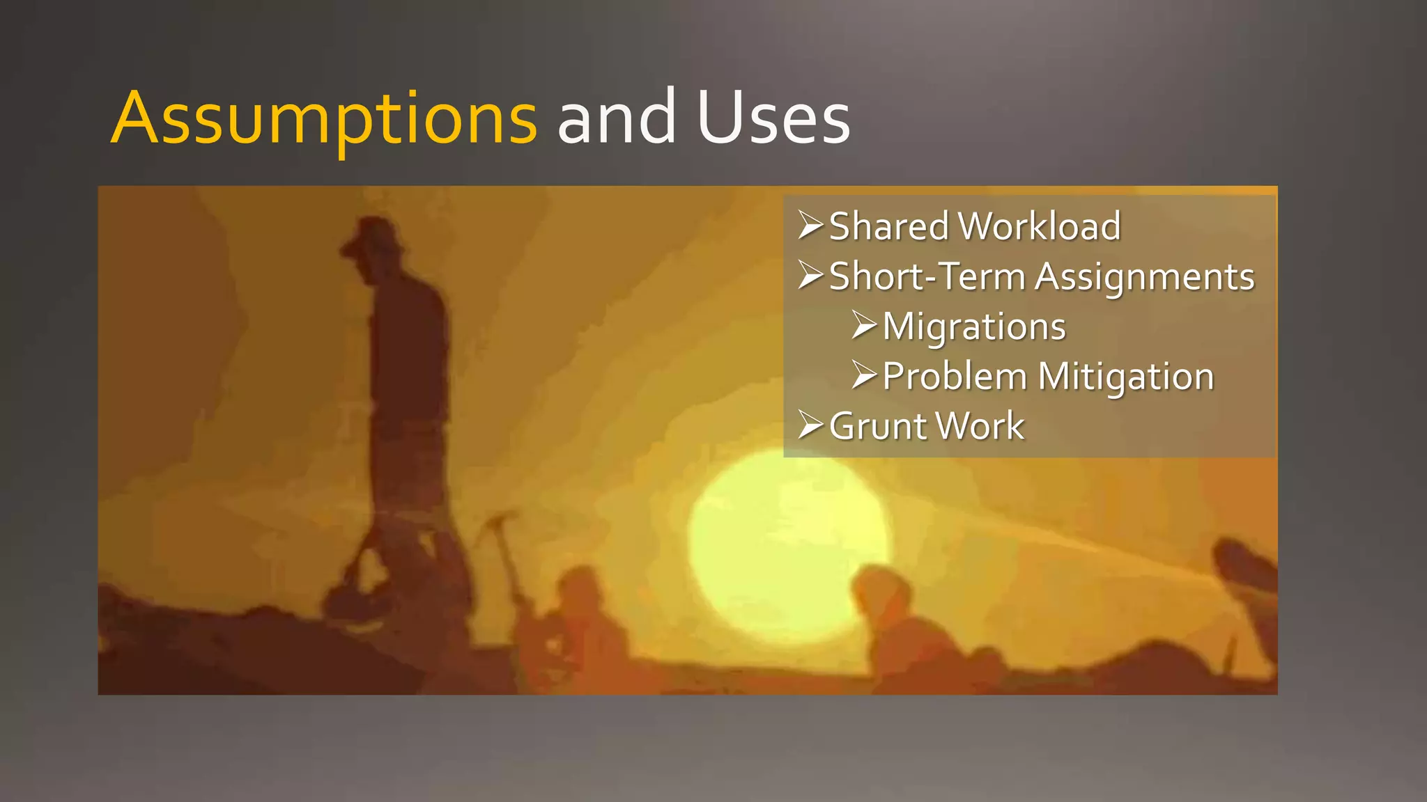 Assumptions
Shared Workload
Short-Term Assignments
Migrations
Problem Mitigation
Grunt Work
 