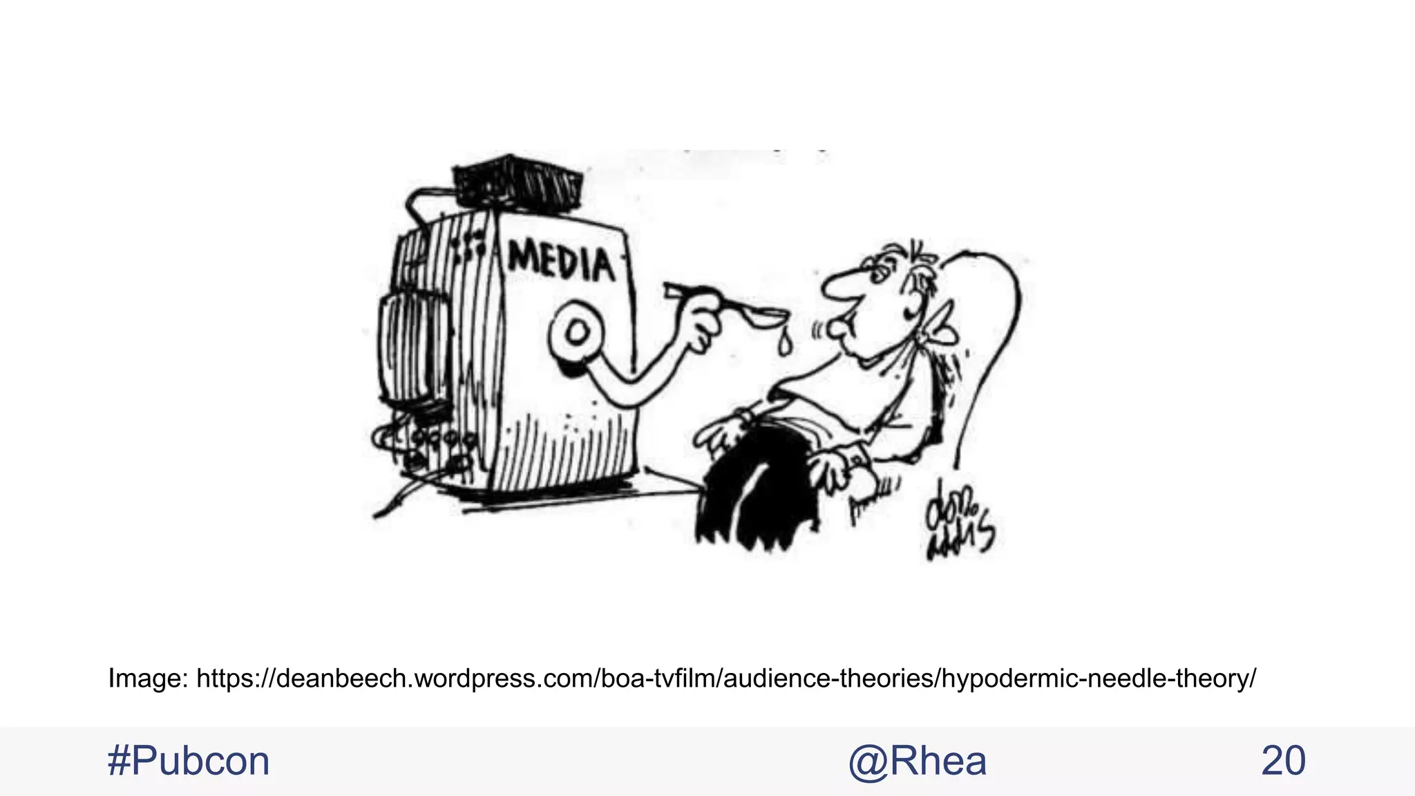 #Pubcon @Rhea 20
Image: https://deanbeech.wordpress.com/boa-tvfilm/audience-theories/hypodermic-needle-theory/
 