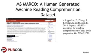 #pubcon
MS MARCO: A Human Generated
MAchine Reading Comprehension
Dataset
• Rajpurkar, P., Zhang, J.,
Lopyrev, K. and Lian...