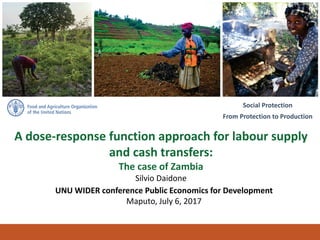 Social Protection - From Protection to Production
Social Protection
From Protection to Production
A dose-response function approach for labour supply
and cash transfers:
The case of Zambia
Silvio Daidone
UNU WIDER conference Public Economics for Development
Maputo, July 6, 2017
 