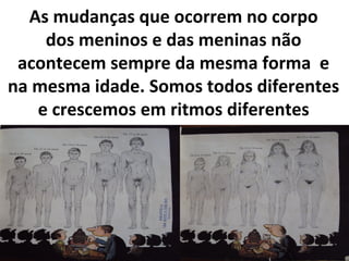 As mudanças que ocorrem no corpo
dos meninos e das meninas não
acontecem sempre da mesma forma e
na mesma idade. Somos todos diferentes
e crescemos em ritmos diferentes
 