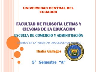 UNIVERSIDAD CENTRAL DEL ECUADOR FACULTAD DE FILOSOFÍA LETRAS Y CIENCIAS DE LA EDUCACIÓN ESCUELA DE COMERCIO Y ADMINITRACIÓN CAMBIOS EN LA PUBERTAD (ADOLESCENCIA INICIAL) Thalia Gallegos 5°  Semestre  “A” 