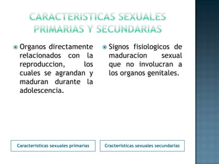    Organos directamente                Signos fisiologicos de
    relacionados con la                  maduracion       sexual
    reproduccion,     los                que no involucran a
    cuales se agrandan y                 los organos genitales.
    maduran durante la
    adolescencia.




Caracteristicas sexuales primarias   Cracteristicas sexuales secundarias
 