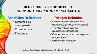 BENEFICIOS Y RIESGOS DE LA
HORMONOTERAPIA POSMENOPÁUSICA
Beneﬁcios Deﬁnitivos
 Síntomas de
menopausia.
 Osteoporosis.
 Fracturas.
Riesgos Definidos
 Cáncer endometrial (sólo con
estrógeno). (3 veces más riesgo)
 Tromboembolia venosa.
(Duplicación del riesgo).
 Cáncer de mama (con estrógeno y
progestágeno).
 Enfermedad vesicular.
Harrison - Principios de Medicina Interna (17 edición) – Vol. II
 